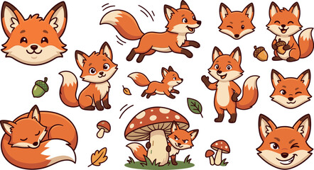 Obraz premium Cute cartoon fox vector collection featuring various poses, facial expressions, and forest elements like mushrooms and acorns for children's designs and sticker projects