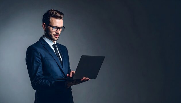 Hombre de negocios con traje usando un ordenador port&aacute;til sobre fondo oscuro en una escena profesional con iluminaci&oacute;n dram&aacute;tica