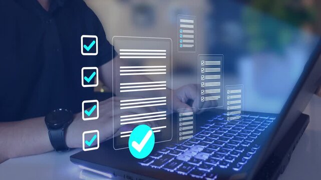Businessman using a laptop with digital checklist and document approval icons, representing online task management, workflow automation and project completion in modern business operations.