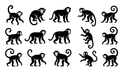 Monkey Silhouette Collection Featuring Various Primate Poses and Expressions Vector Set © Songkari
