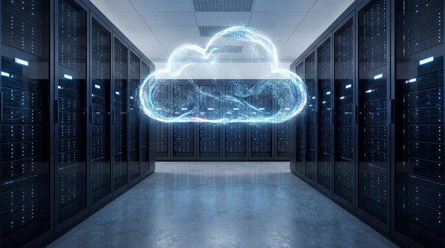 loud computing concept with glowing digital cloud icon above server racks in data center photo for cloud storage hosting and IT infrastructure