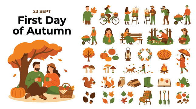 First Day of Autumn vector icon set, fall season lifestyle elements with people and nature, cozy autumn harvest and outdoor activities collection