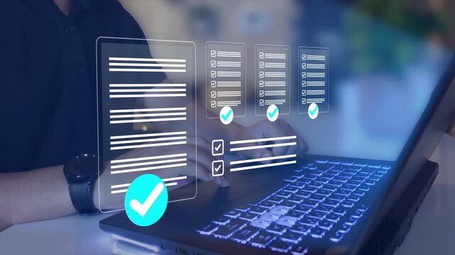Businessman using a laptop with digital checklist and document approval icons, representing online task management, workflow automation and project completion in modern business operations.