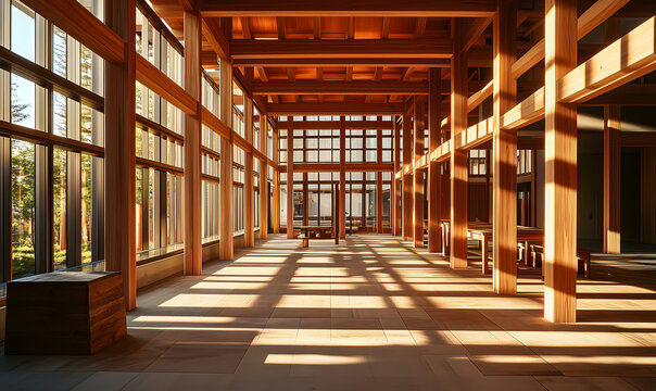 Modern interior of a spacious building constructed with natural timber beams and large glass windows.