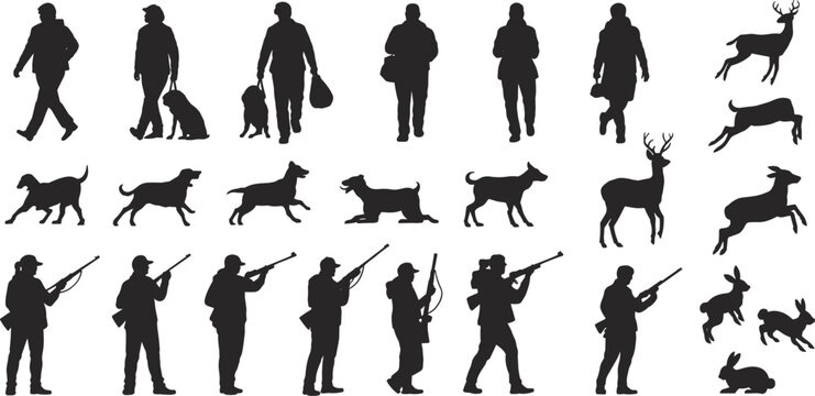 Silhouettes of People Walking Dogs, Hunters with Rifles, and Deer and Rabbits on White Background woman