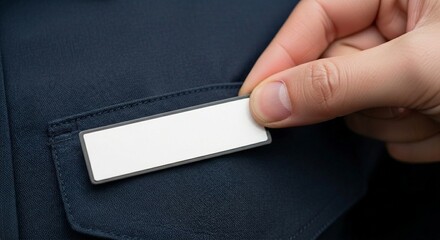 Obraz premium Blank name tag being placed on a dark blue uniform by a person, representing professional identification and corporate branding.