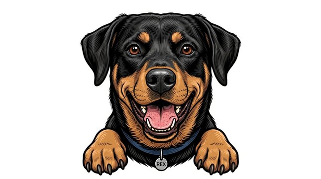 Smiling rottweiler dog with collar and name tag isolated on white background