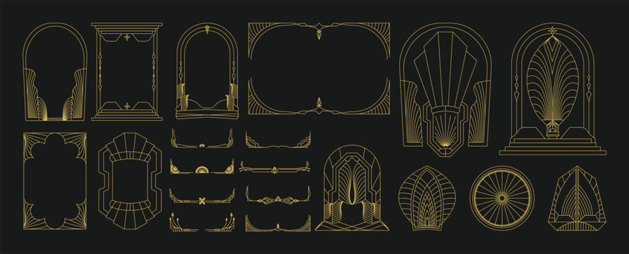 Art Deco arch frames vector set. Gold geometric borders, luxury vintage dividers and ornamental line decorations on black background