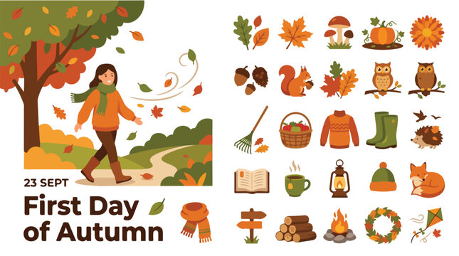 Autumn seasonal vector set, first day of autumn flat icons, fall nature elements with woman walking in park, 25 decorative forest and cozy lifestyle objects