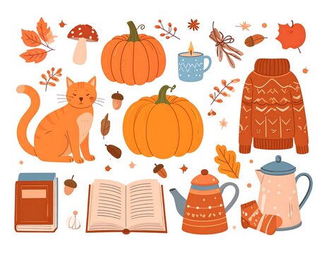 Autumnal illustration featuring a cat pumpkins and fall harvest elements