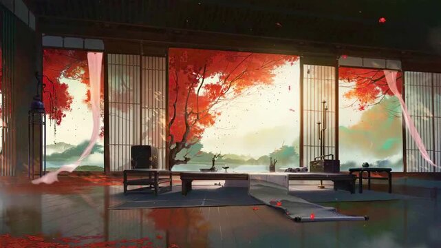 Beautiful anime-style background loop of an empty traditional asian tea room during the autumn season.
