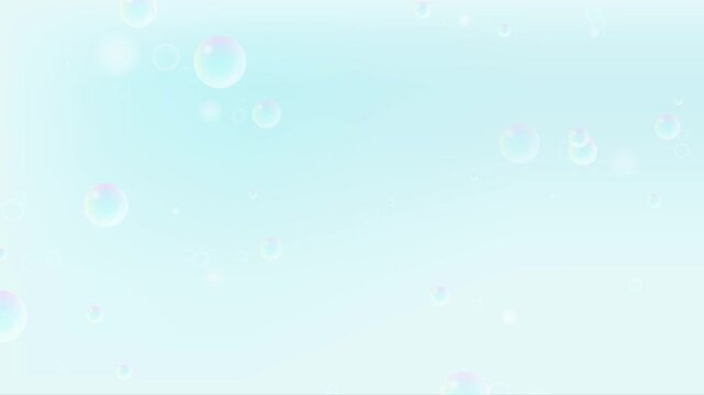 透明感のある泡が水色の空間をゆっくり上昇する、余白のあるパステル背景ループ動画