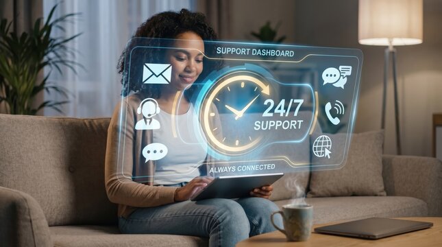 Woman using tablet with virtual support dashboard showing twenty four seven service availability, remote customer care concept, always connected communication icons