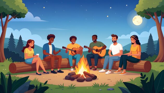 Group of Friends Sitting on Logs Around a Campfire at Night, Playing Guitar Under Starry Sky and Moon &ndash; Flat Vector Summer Camping Illustration