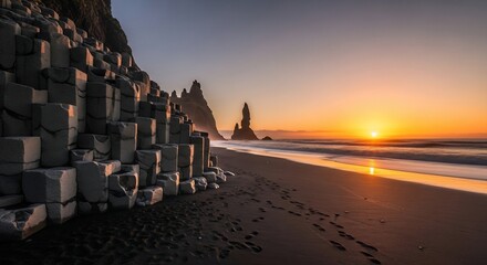 Naklejka premium Basalt rock columns on Reynisfjara black sand beach at sunrise in Iceland