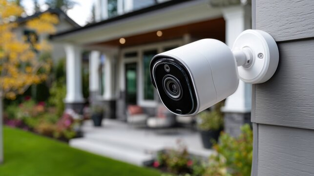 Home security camera is mounted on house near front porch and garden during sunny day