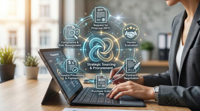 Strategic sourcing and procurement process visualization on tablet screen, supply chain management icons including RFP, vendor evaluation