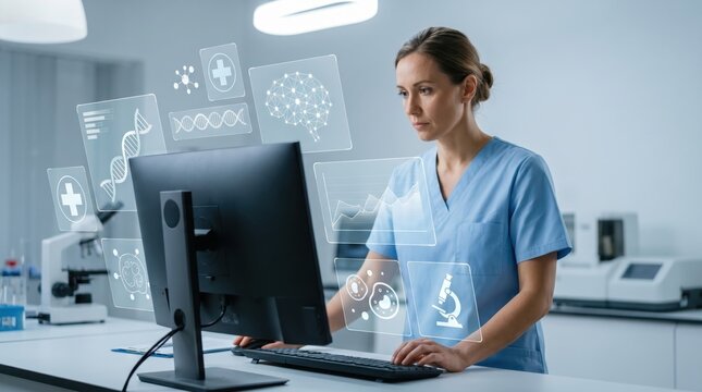 Female doctor or researcher in medical laboratory analyzing biological data on computer screen, surrounded by holographic icons of DNA and cells