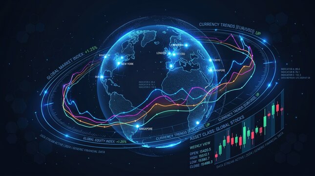 Global financial market data analysis with holographic earth globe, stock exchange trends, currency rates and investment charts