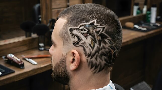 Man with wolf tattoo haircut, barbershop interior.