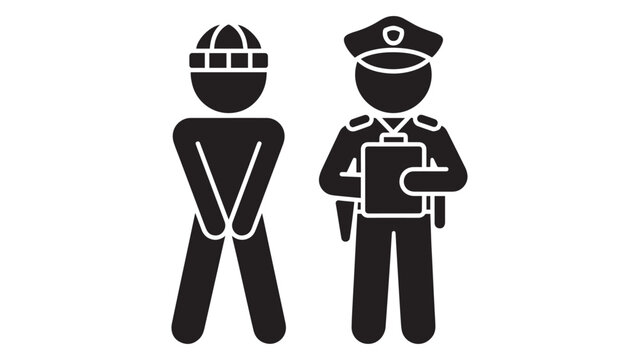Police officer writing clipboard report next to arrested thief silhouette vector icon