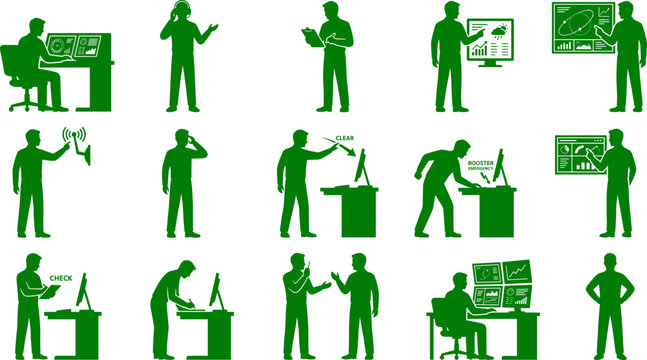 Strategic set of mission control silhouettes depicting personnel monitoring data screens and managing technical operations