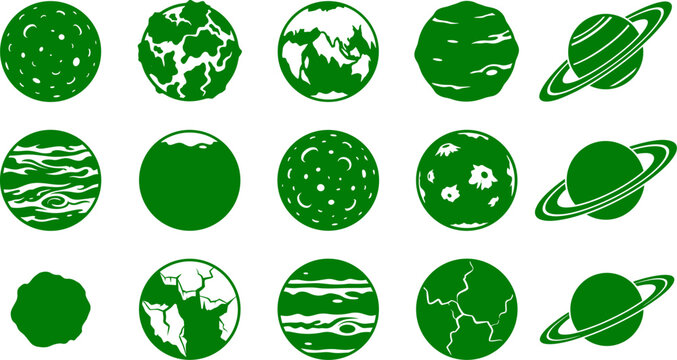 Celestial collection of planet silhouettes with craters rings and diverse surface textures for astronomy projects