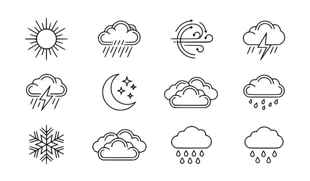 Minimalist weather forecast thin line icons collection with clean geometric cloud symbols rain sun and wind vector