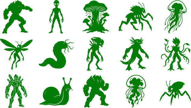 Fantasy monster silhouette collection featuring various alien creatures cryptids and sci-fi beast designs