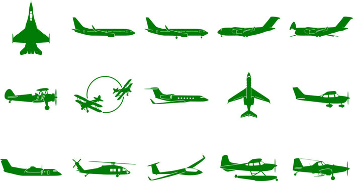 Aviation aircraft silhouette set including commercial planes military jets helicopters and gliders