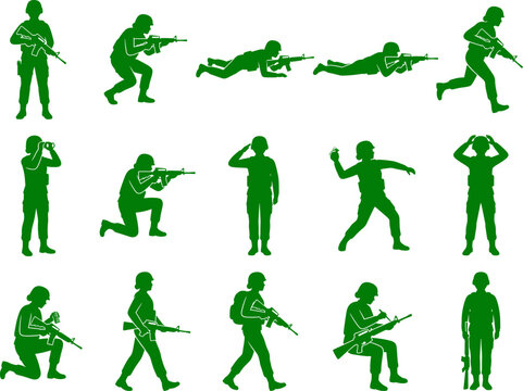 Military soldier and infantry silhouette set performing various combat maneuvers and tactical training exercises