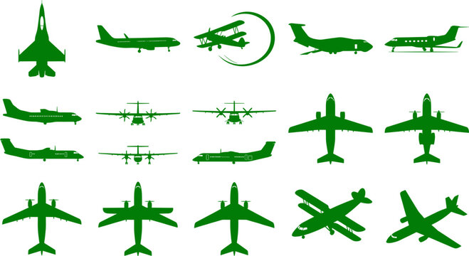 Aviation airplane silhouette set featuring fighter jets passenger planes and vintage biplane aircraft