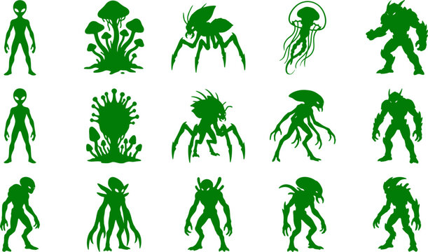 Alien creature collection featuring diverse extraterrestrial monster silhouettes for science fiction and fantasy media