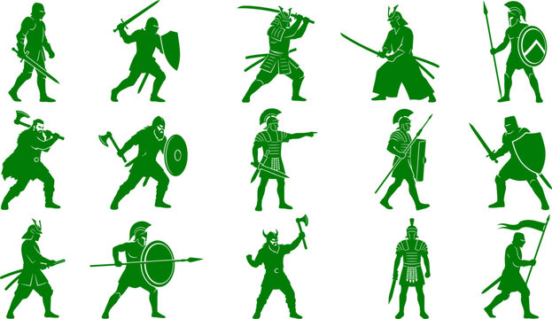 Historical warrior combat set featuring silhouettes of knights samurai and ancient soldiers