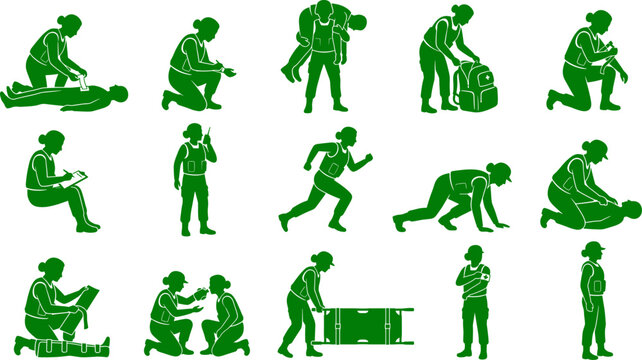 Emergency medical responder pack with silhouettes of first aid procedures and rescue