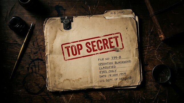 Top secret classified file folder on rustic wooden desk with old pen and ink classified document confidential official