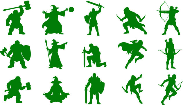Fantasy rpg character silhouette set including warriors mages rogues and archers for gaming and storytelling