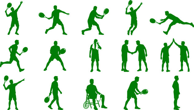 Tennis player silhouette bundle showing athletes serving hitting backhands and celebrating on the court field