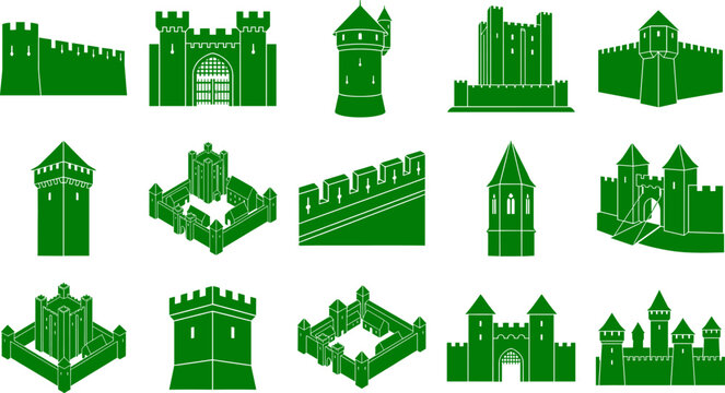 Medieval castle and fortress silhouette bundle featuring historical towers walls and fortified gates for architecture