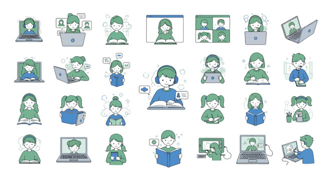 Online education vector icons set, remote learning and virtual classroom illustrations, students studying with laptops and books in doodle style