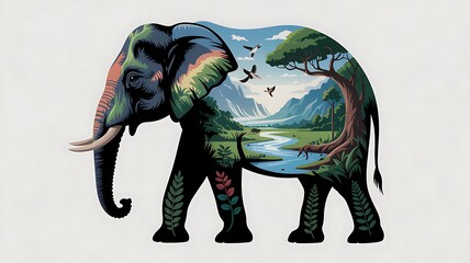 Obraz premium Elephant silhouette filled with a vibrant landscape and wildlife