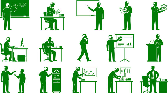 Academic professors group depicting educators teaching at blackboards and conducting research in green
