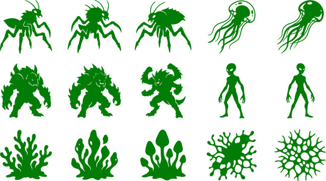 Alien creature and monster silhouette set for science fiction character bundle pack