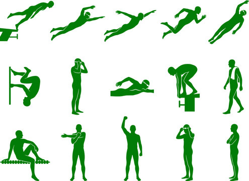 Swimmers and divers action set showing athletes in various swimming strokes in green silhouettes