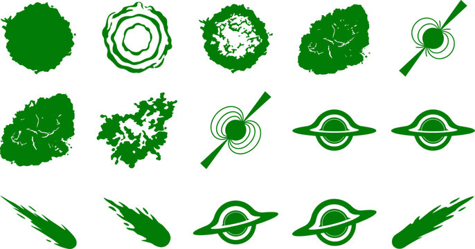 Space phenomena bundle illustrating black holes comets and magnetic fields in green silhouettes