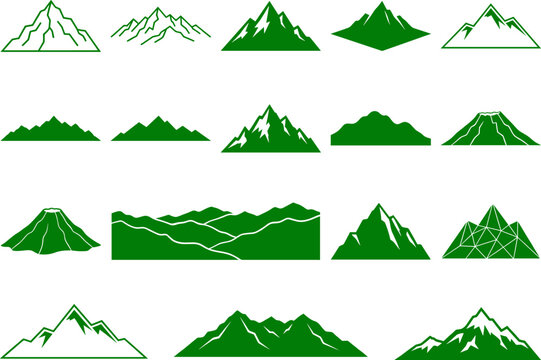 Mountain peaks collection illustrating various ridge lines and summit shapes in green silhouettes