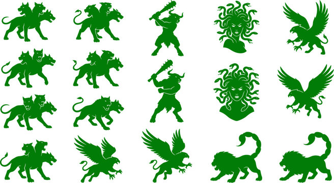 Mythological set of creature silhouettes featuring legendary beasts like medusa griffins minotaurs and three-headed dogs