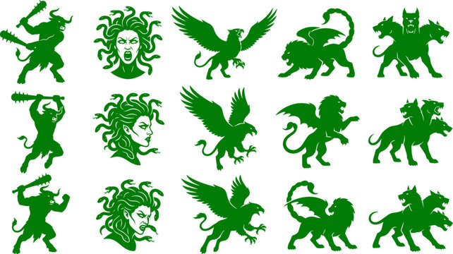 Graphic bundle of mythological creature silhouettes including medusa and cerberus for ancient legend themes