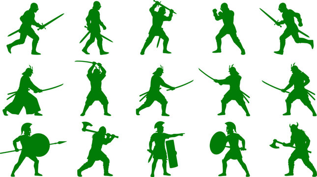 Ancient warrior silhouettes collection featuring knights samurai and historical combatants in action poses variety bundle