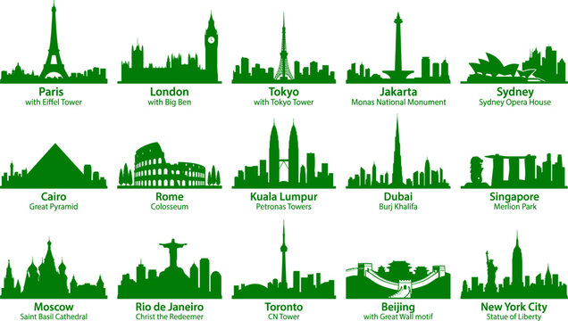 Global city landmark silhouettes collection featuring famous monuments and skylines in a travel graphics bundle
